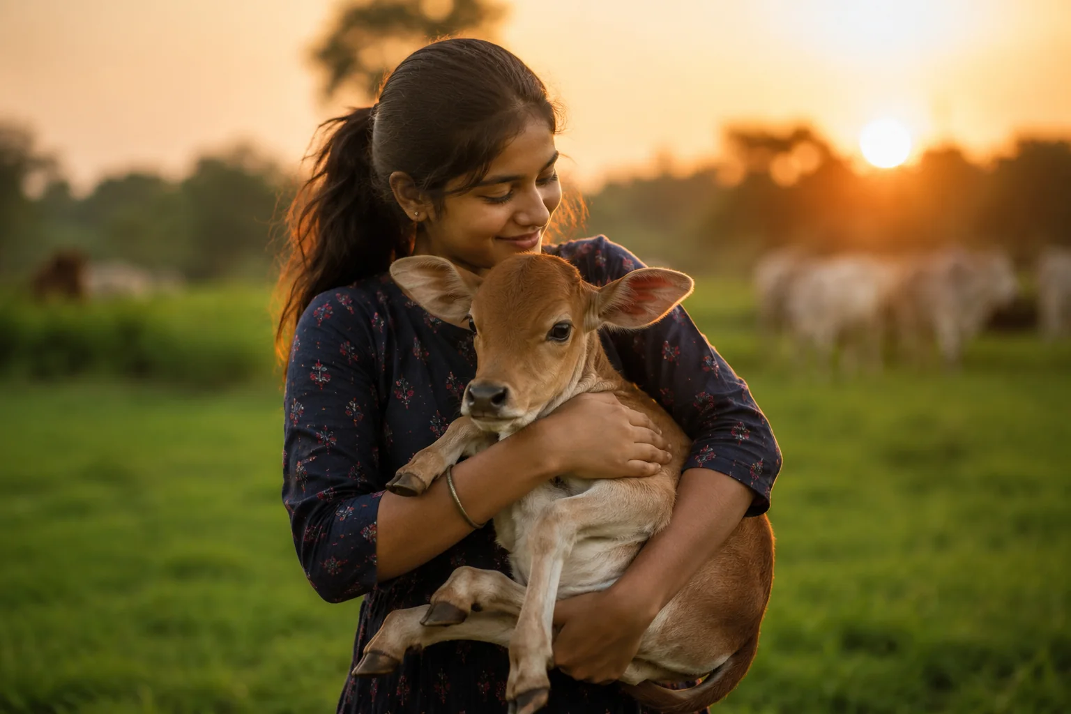 A warm cow-care moment representing German Hightech Charitable Trust field work