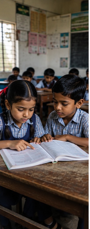 School children studying together in a classroom