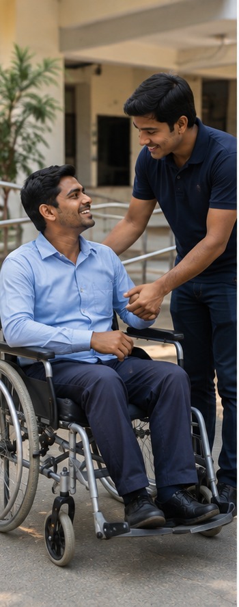 Support for a specially challenged individual using a wheelchair